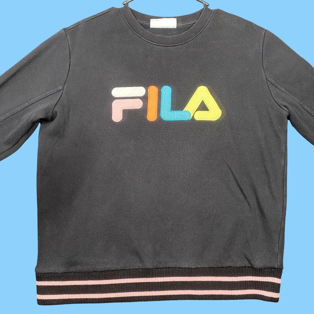 Fila Womens Black Crewneck Sweatshirt Multicolor Logo Size Medium Striped Ribbed
